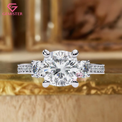 3.31 CT Cushion Cut Three Stone Lab Grown Diamond Engagement Ring with Side Accents Band – Classic Bridal Jewelry