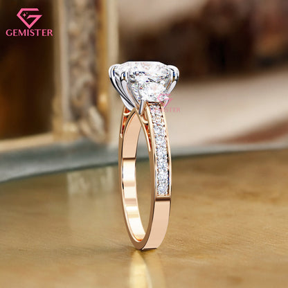 3.31 CT Cushion Cut Three Stone Lab Grown Diamond Engagement Ring with Side Accents Band – Classic Bridal Jewelry