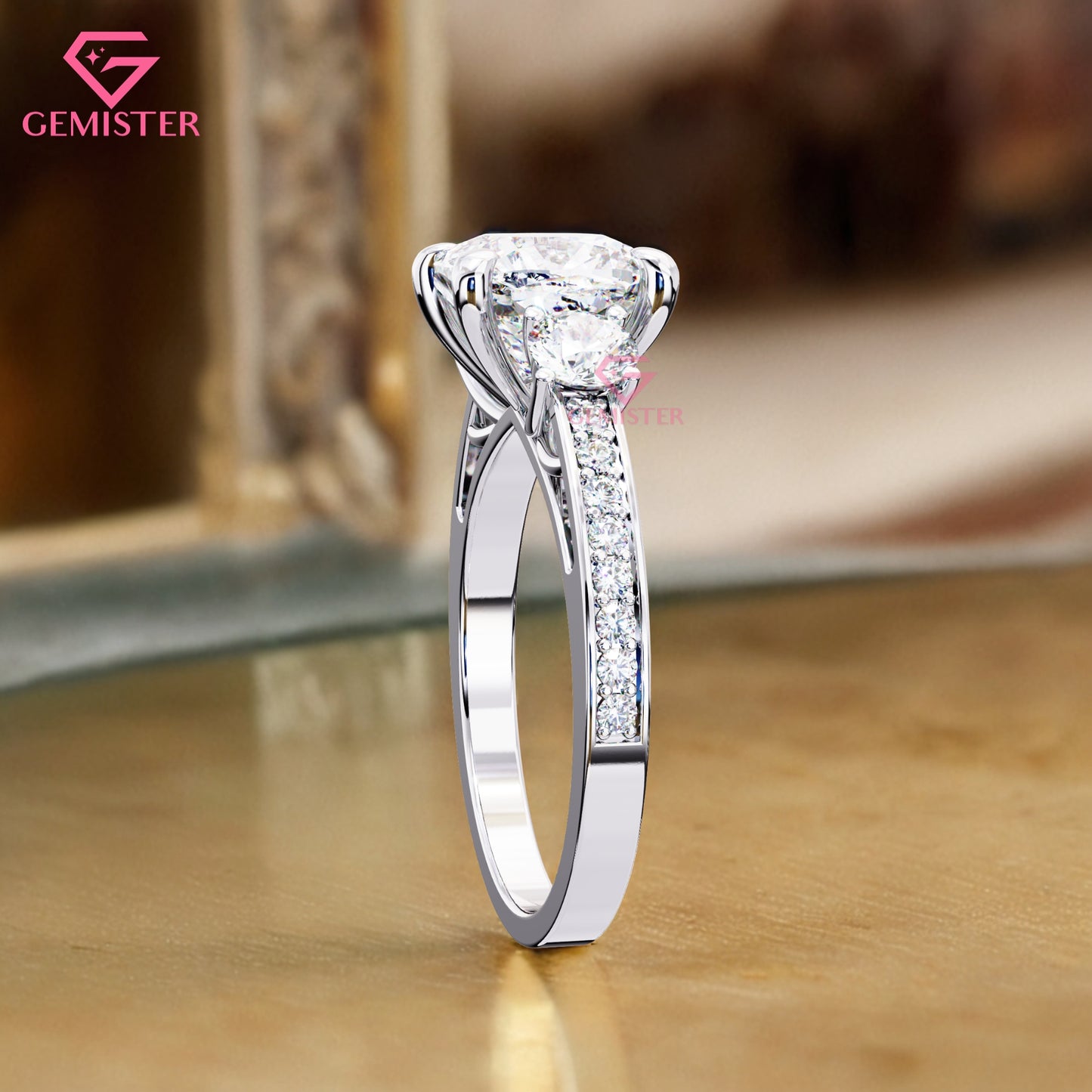 3.31 CT Cushion Cut Three Stone Lab Grown Diamond Engagement Ring with Side Accents Band – Classic Bridal Jewelry