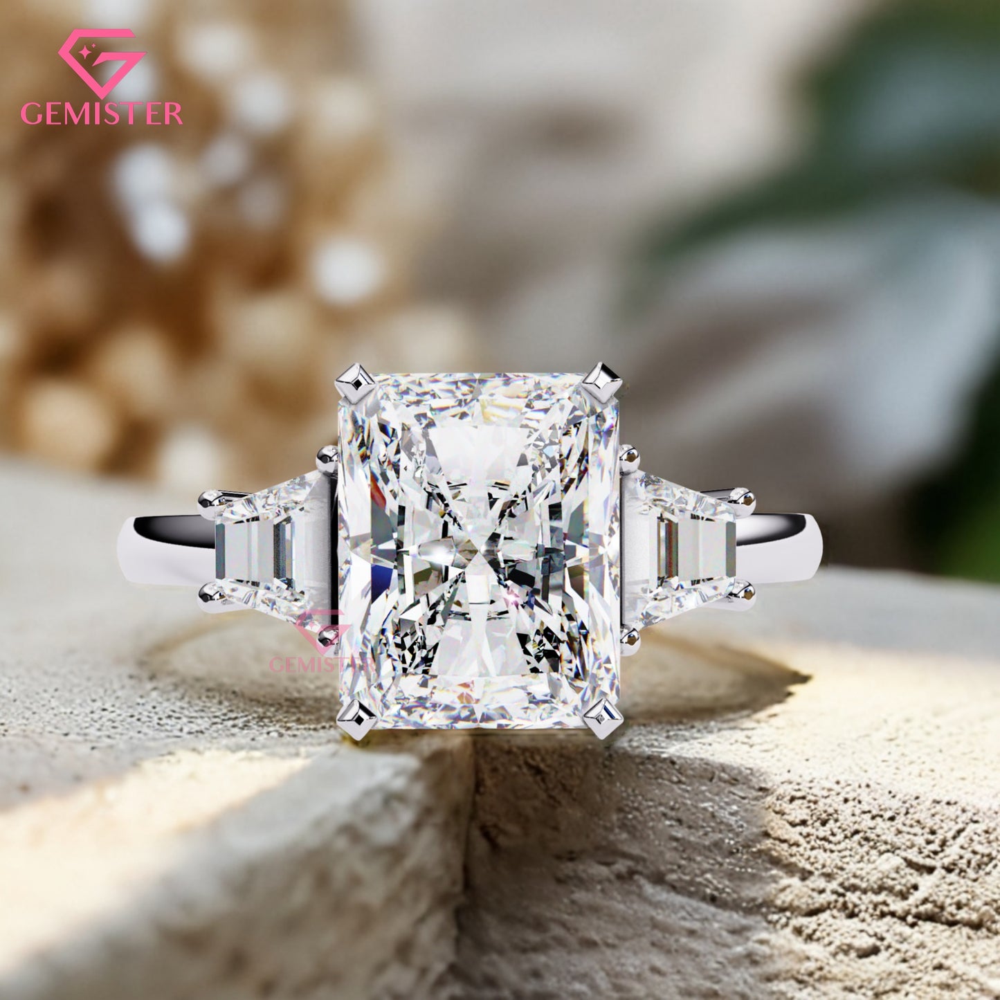 4.21 CT Radiant Cut Three Stone Lab Grown Diamond Engagement Ring with Baguette Side Stones Band – Luxury Bridal Jewelry