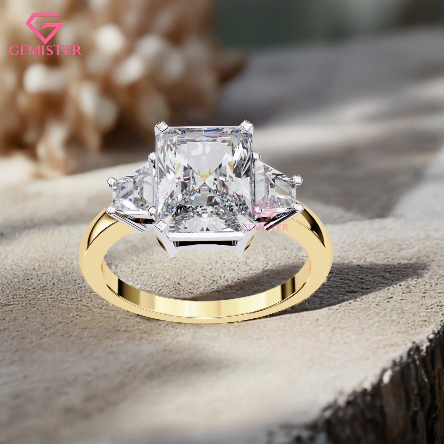 4.21 CT Radiant Cut Three Stone Lab Grown Diamond Engagement Ring with Baguette Side Stones Band – Luxury Bridal Jewelry