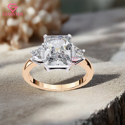 4.21 CT Radiant Cut Three Stone Lab Grown Diamond Engagement Ring with Baguette Side Stones Band – Luxury Bridal Jewelry