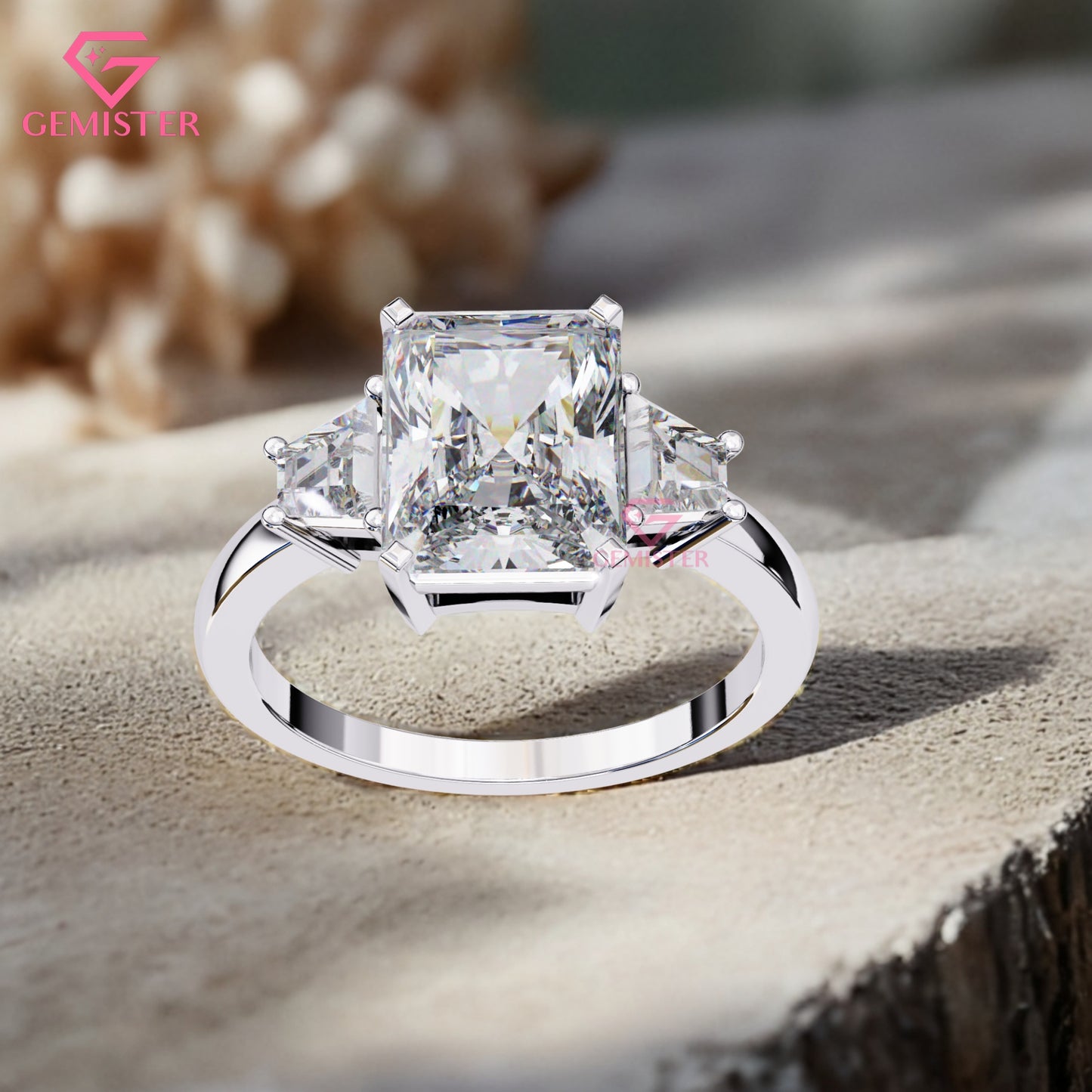 4.21 CT Radiant Cut Three Stone Lab Grown Diamond Engagement Ring with Baguette Side Stones Band – Luxury Bridal Jewelry