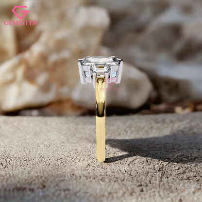 4.21 CT Radiant Cut Three Stone Lab Grown Diamond Engagement Ring with Baguette Side Stones Band – Luxury Bridal Jewelry