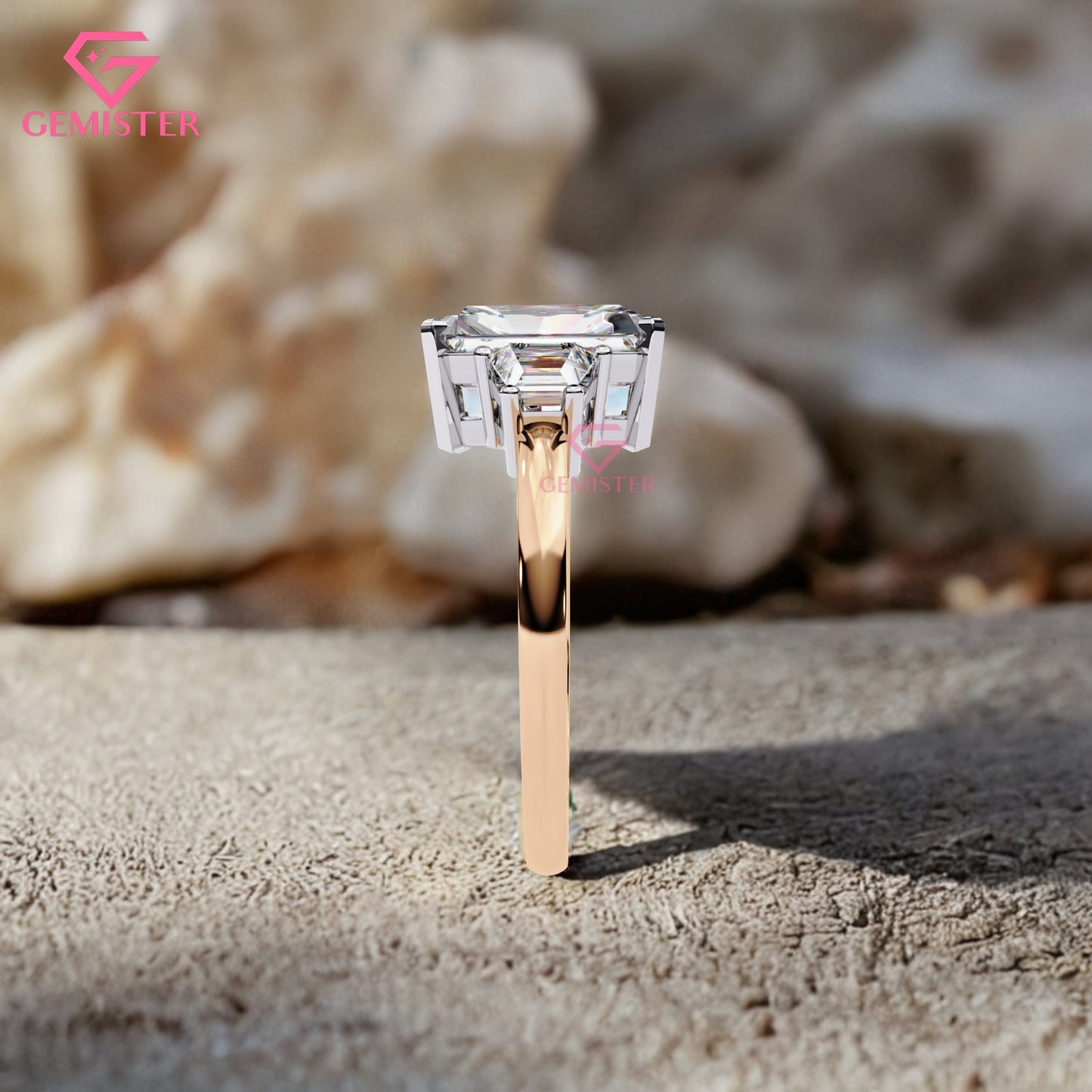 4.21 CT Radiant Cut Three Stone Lab Grown Diamond Engagement Ring with Baguette Side Stones Band – Luxury Bridal Jewelry