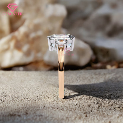 4.21 CT Radiant Cut Three Stone Lab Grown Diamond Engagement Ring with Baguette Side Stones Band – Luxury Bridal Jewelry