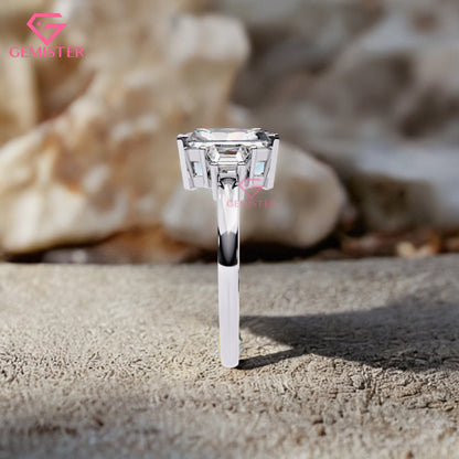 4.21 CT Radiant Cut Three Stone Lab Grown Diamond Engagement Ring with Baguette Side Stones Band – Luxury Bridal Jewelry