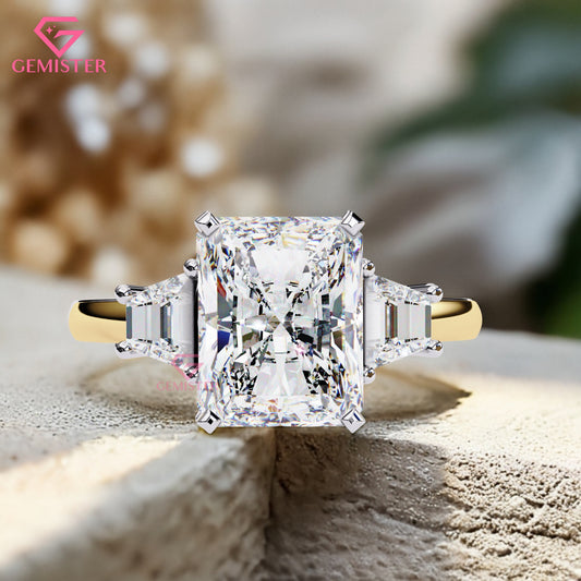 4.21 CT Radiant Cut Three Stone Moissanite Engagement Ring with Baguette Side Stones on Gold Band – Luxury Bridal Jewelry