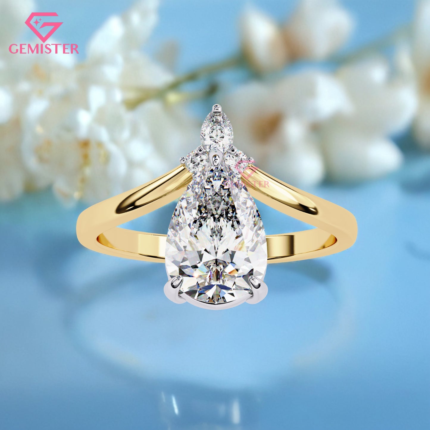 1.64 CT Pear Cut Three Stone Lab Grown Diamond Engagement Ring with Marquise Accents Band – Elegant Teardrop Design