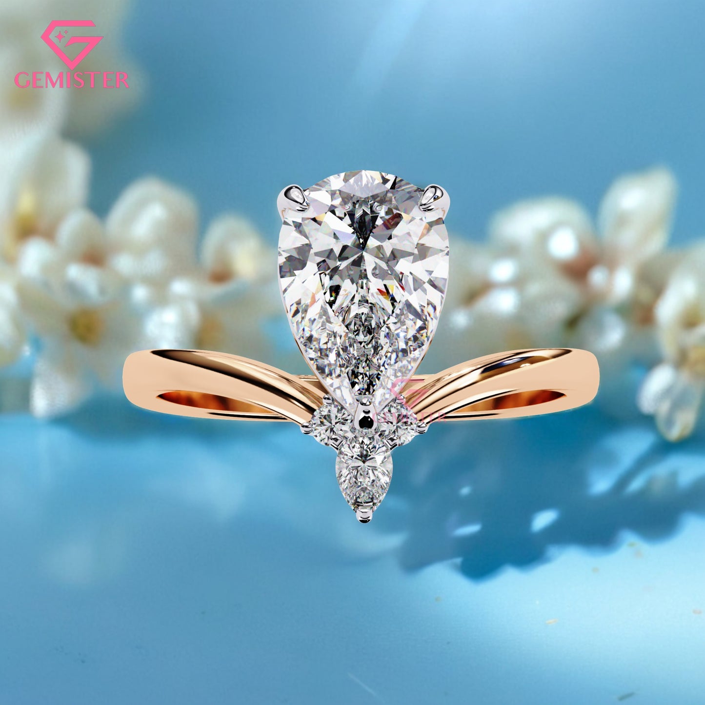 1.64 CT Pear Cut Three Stone Lab Grown Diamond Engagement Ring with Marquise Accents Band – Elegant Teardrop Design