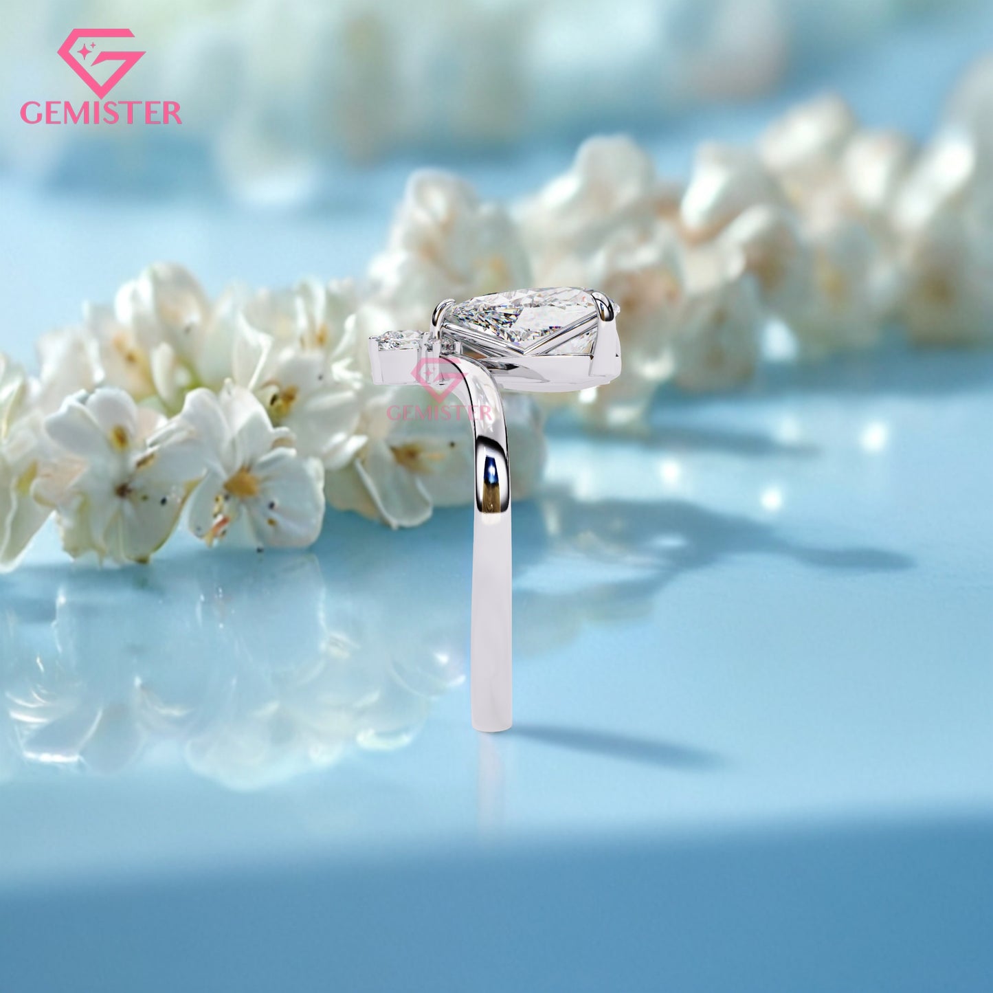 1.64 CT Pear Cut Three Stone Lab Grown Diamond Engagement Ring with Marquise Accents Band – Elegant Teardrop Design