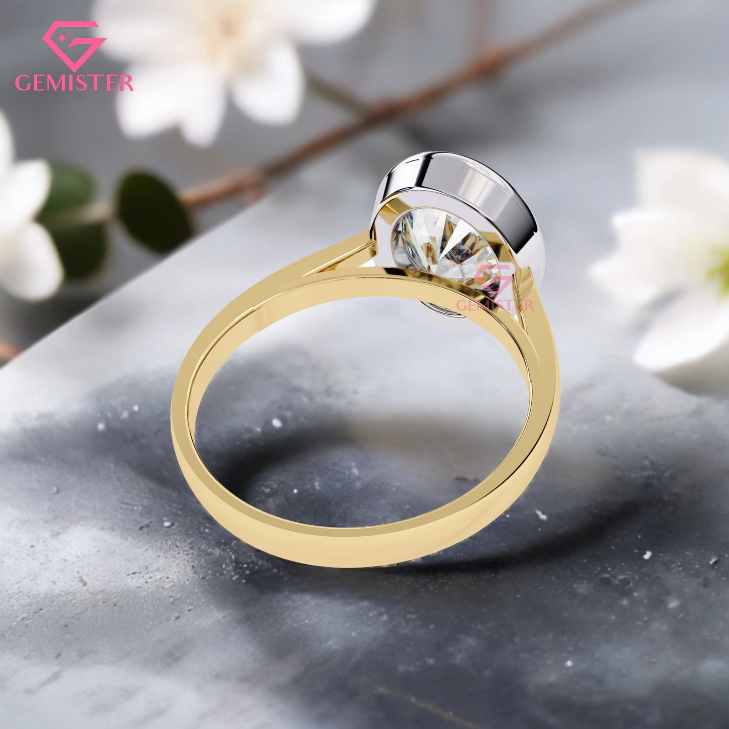 1.52 CT Oval Cut Lab Grown Diamond Bezel Set Engagement Ring in Two-Tone Gold, Modern Solitaire Ring