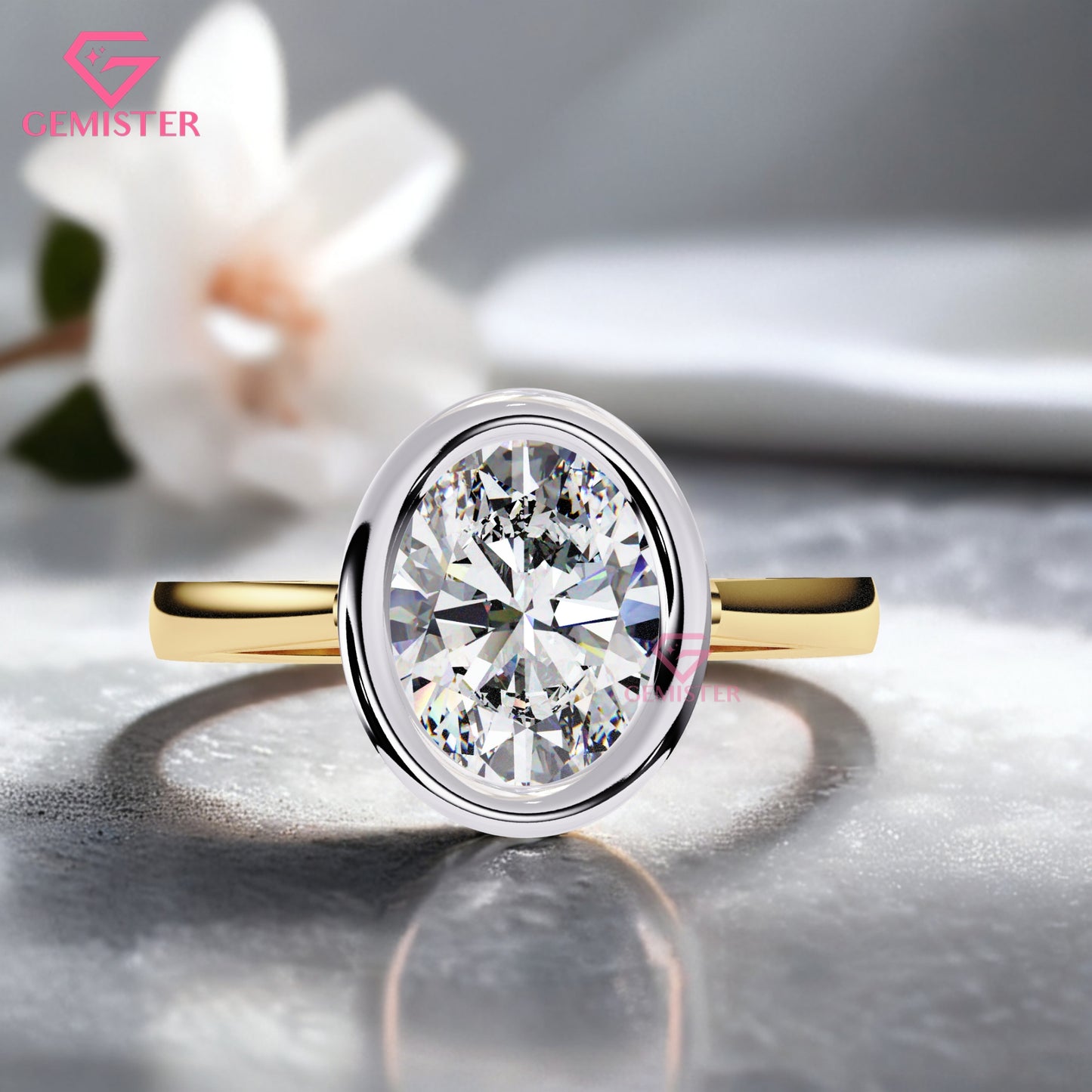 1.52 CT Oval Cut Lab Grown Diamond Bezel Set Engagement Ring in Two-Tone Gold, Modern Solitaire Ring