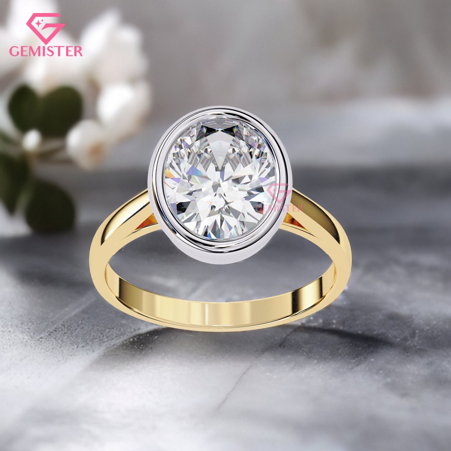 1.52 CT Oval Cut Lab Grown Diamond Bezel Set Engagement Ring in Two-Tone Gold, Modern Solitaire Ring