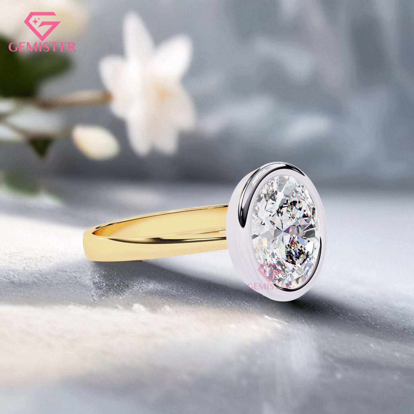 1.52 CT Oval Cut Lab Grown Diamond Bezel Set Engagement Ring in Two-Tone Gold, Modern Solitaire Ring