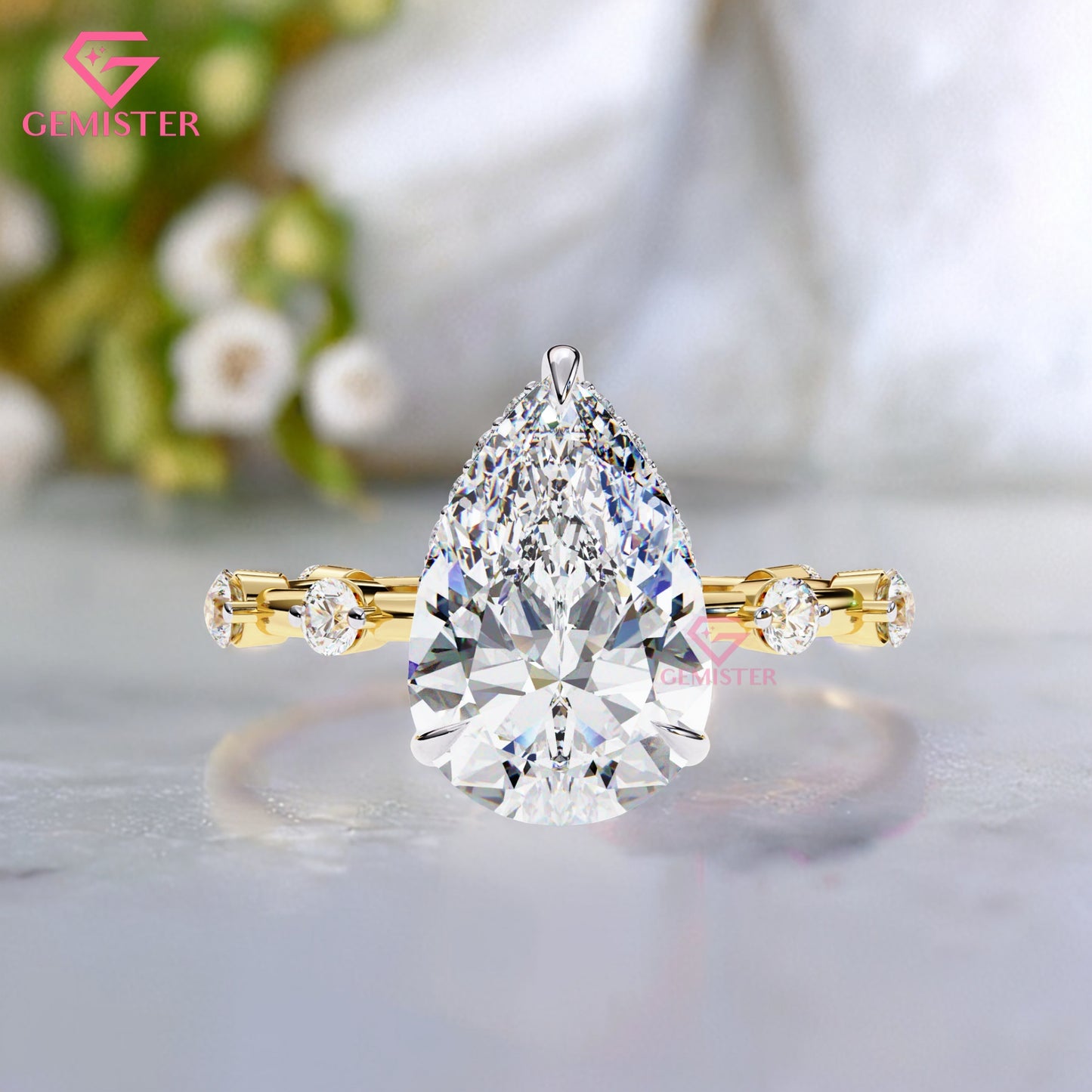 3.51 CT Pear Cut Lab Grown Diamond Engagement Ring – Solitaire with Side Stones