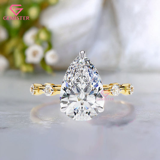 3.51 CT Pear Cut Lab Grown Diamond Engagement Ring – Solitaire with Side Stones