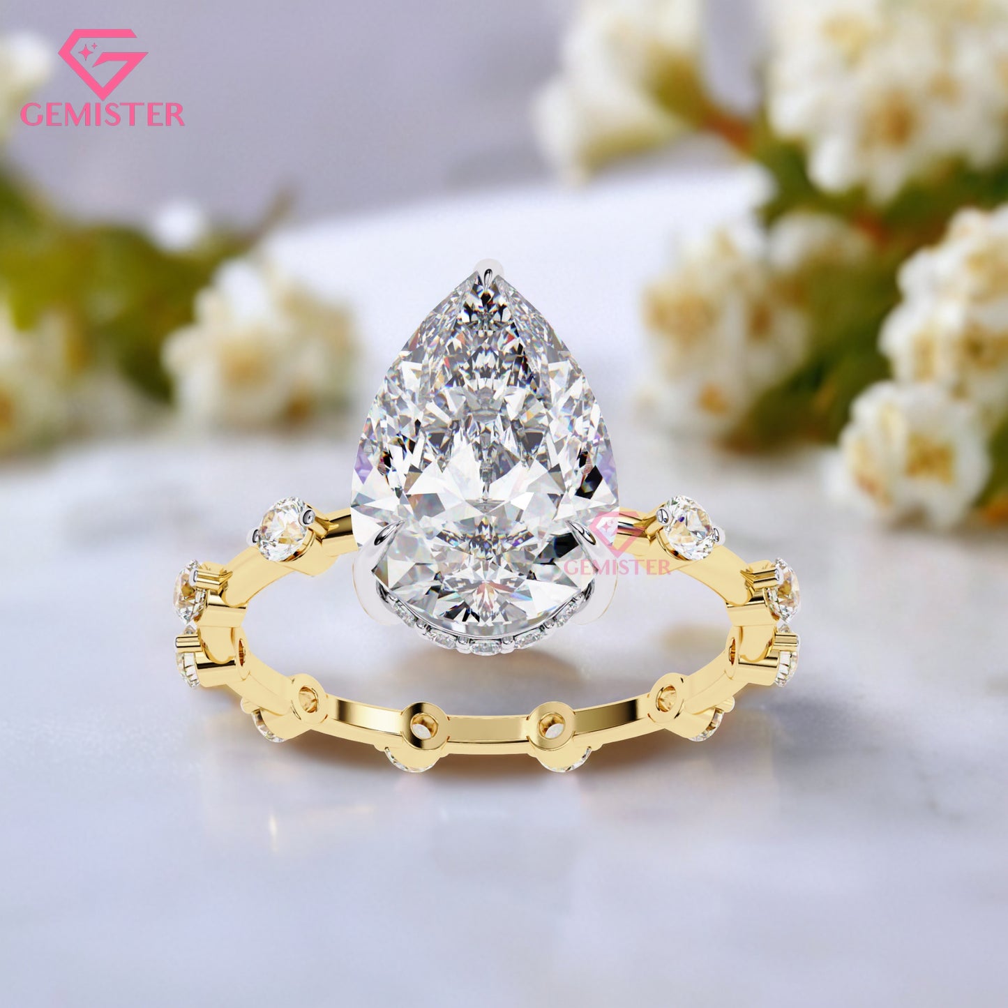 3.51 CT Pear Cut Lab Grown Diamond Engagement Ring – Solitaire with Side Stones