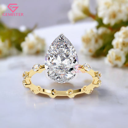 3.51 CT Pear Cut Lab Grown Diamond Engagement Ring – Solitaire with Side Stones