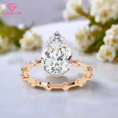 3.51 CT Pear Cut Lab Grown Diamond Engagement Ring – Solitaire with Side Stones