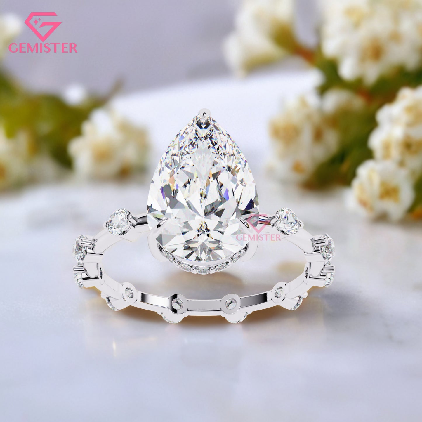 3.51 CT Pear Cut Lab Grown Diamond Engagement Ring – Solitaire with Side Stones