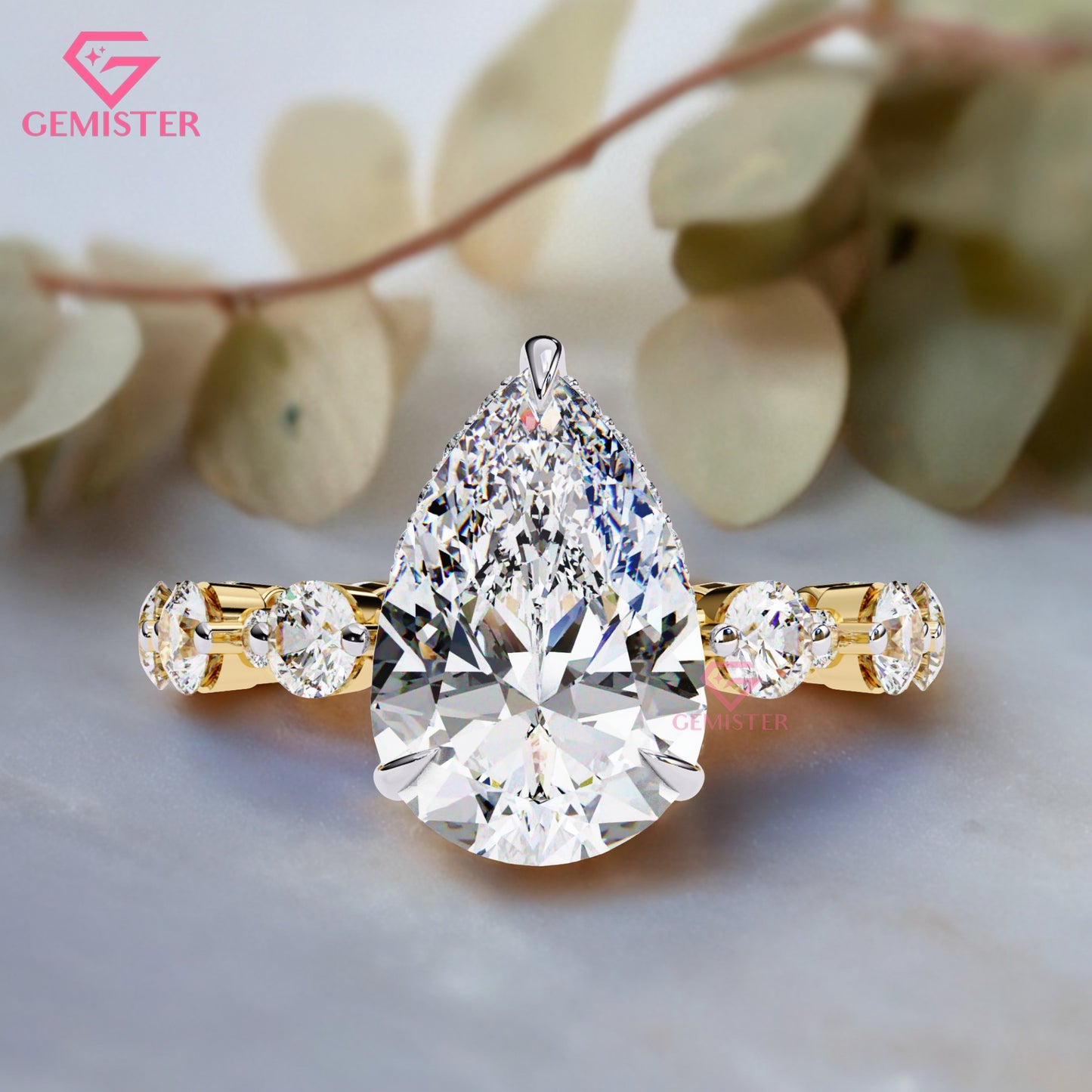 4.40 CT Pear Cut Lab Grown Diamond Engagement Ring with Side Stones in 14K Yellow Gold – Teardrop Solitaire Bridal Ring