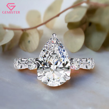 4.40 CT Pear Cut Lab Grown Diamond Engagement Ring with Side Stones in 14K Yellow Gold – Teardrop Solitaire Bridal Ring