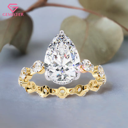 4.40 CT Pear Cut Lab Grown Diamond Engagement Ring with Side Stones in 14K Yellow Gold – Teardrop Solitaire Bridal Ring