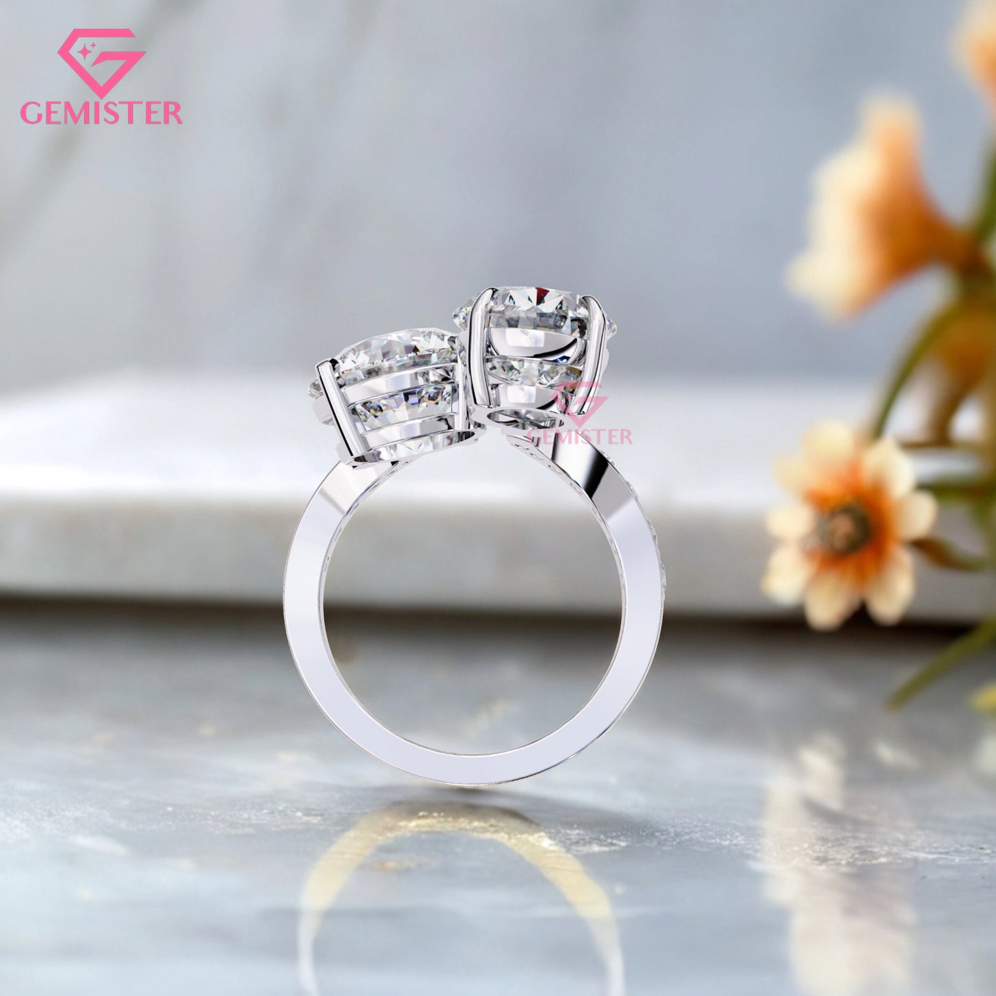 Toi et Moi Engagement Ring – 6.50 CT Pear & Round Moissanite Two Stone Ring with Diamond Accent Band in 14K Yellow Gold