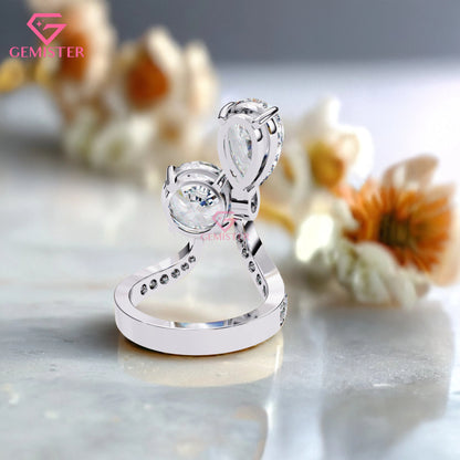 Toi et Moi Engagement Ring – 6.50 CT Pear & Round Moissanite Two Stone Ring with Diamond Accent Band in 14K Yellow Gold