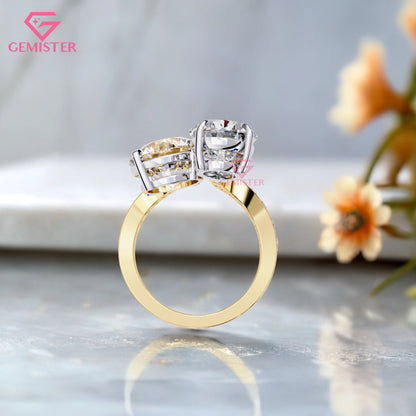 Toi et Moi Engagement Ring – 6.50 CT Pear & Round Moissanite Two Stone Ring with Diamond Accent Band in 14K Yellow Gold