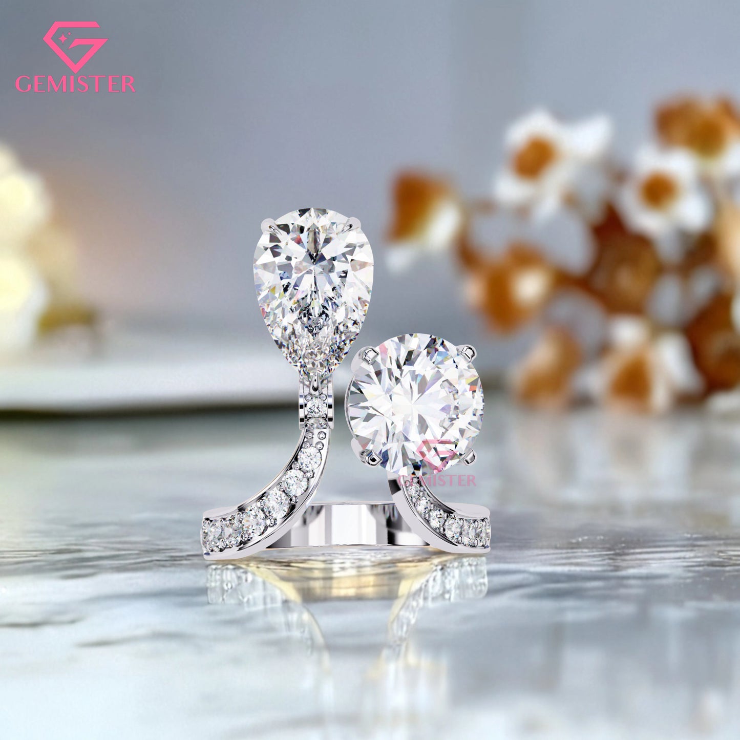 Toi et Moi Engagement Ring – 6.50 CT Pear & Round Moissanite Two Stone Ring with Diamond Accent Band in 14K Yellow Gold