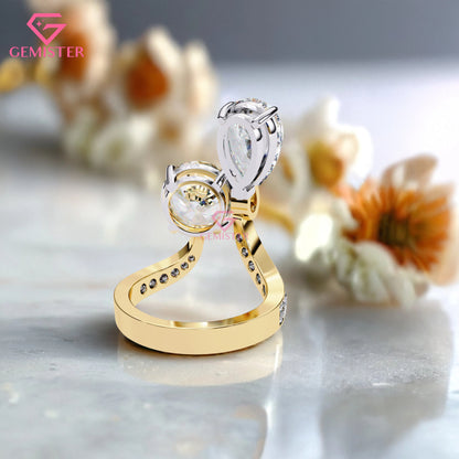 Toi et Moi Engagement Ring – 6.50 CT Pear & Round Moissanite Two Stone Ring with Diamond Accent Band in 14K Yellow Gold