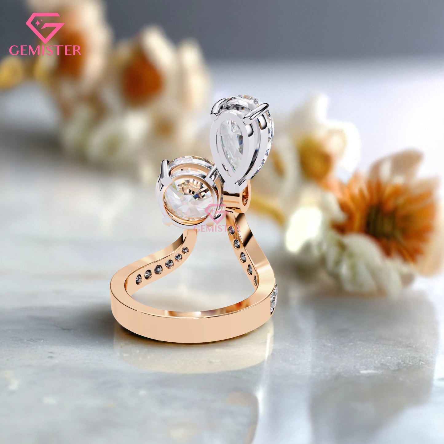 Toi et Moi Engagement Ring – 6.50 CT Pear & Round Moissanite Two Stone Ring with Diamond Accent Band in 14K Yellow Gold