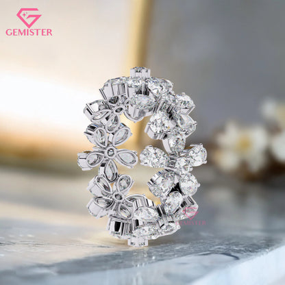 Floral Cluster Diamond Band – 4.17 CT Pear & Round Cut Moissanite Gold Ring, Wide Statement Cocktail Ring, Anniversary or Bridal Jewelry