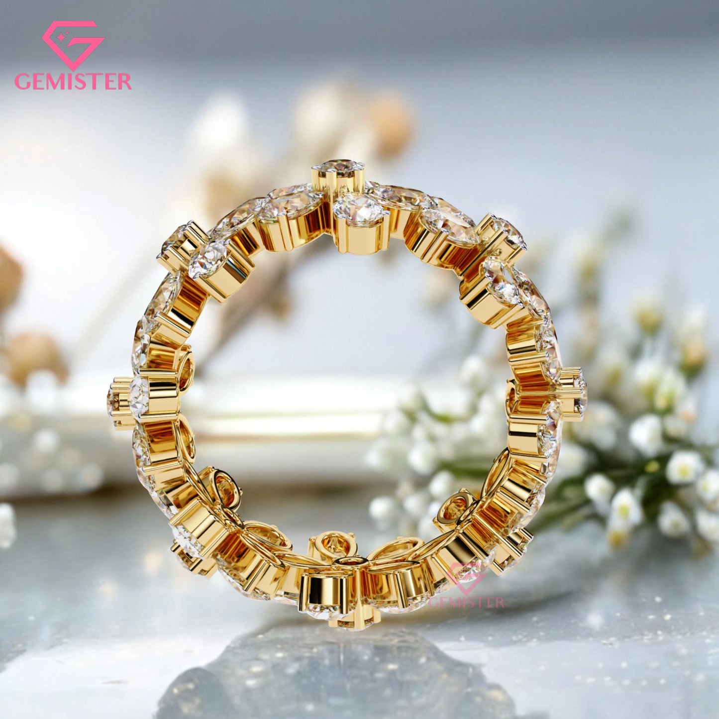 Floral Cluster Diamond Band – 4.17 CT Pear & Round Cut Moissanite Gold Ring, Wide Statement Cocktail Ring, Anniversary or Bridal Jewelry