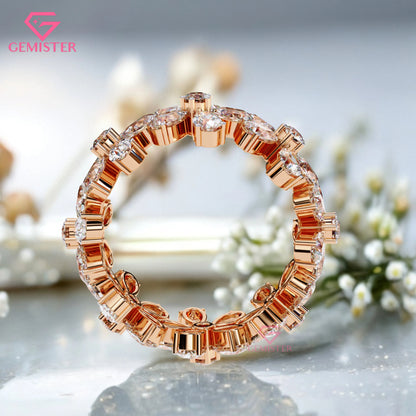 Floral Cluster Diamond Band – 4.17 CT Pear & Round Cut Moissanite Gold Ring, Wide Statement Cocktail Ring, Anniversary or Bridal Jewelry