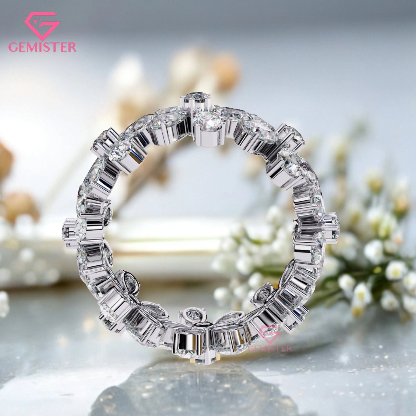 Floral Cluster Diamond Band – 4.17 CT Pear & Round Cut Moissanite Gold Ring, Wide Statement Cocktail Ring, Anniversary or Bridal Jewelry