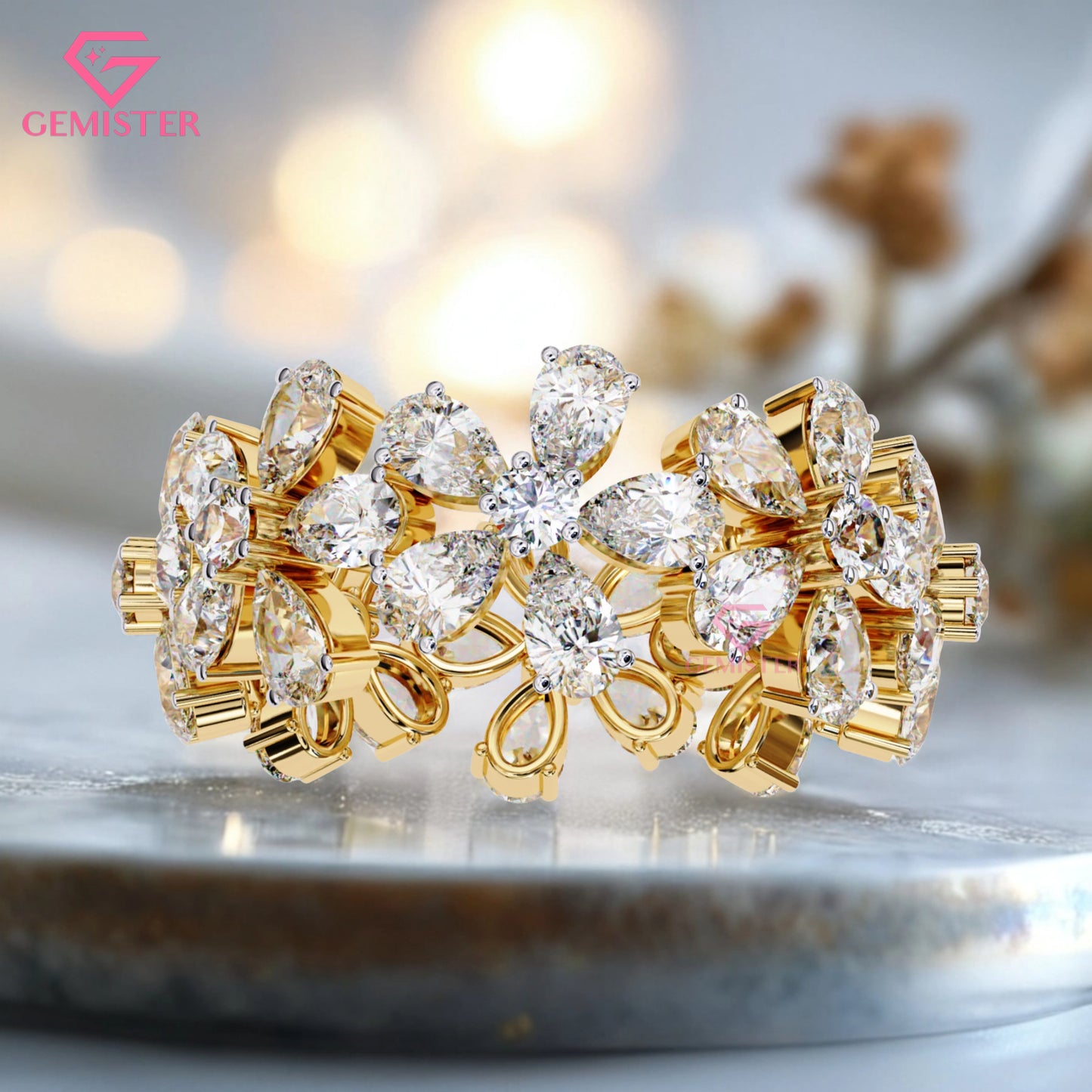 Floral Cluster Diamond Band – 4.17 CT Pear & Round Cut Moissanite Gold Ring, Wide Statement Cocktail Ring, Anniversary or Bridal Jewelry