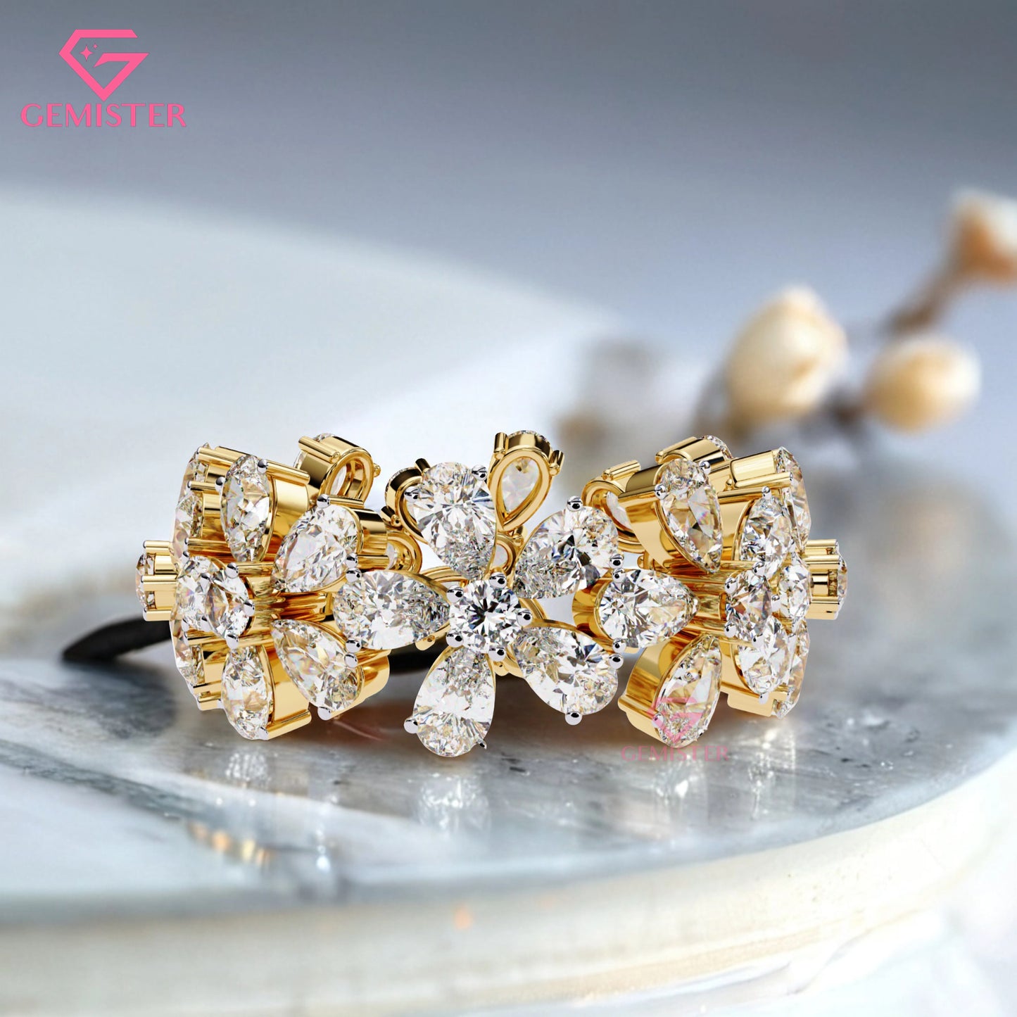 Floral Cluster Diamond Band – 4.17 CT Pear & Round Cut Moissanite Gold Ring, Wide Statement Cocktail Ring, Anniversary or Bridal Jewelry