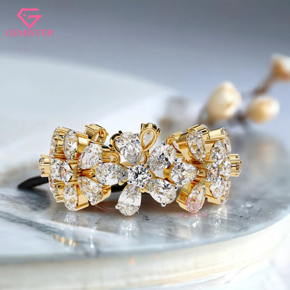 Floral Cluster Diamond Band – 4.17 CT Pear & Round Cut Moissanite Gold Ring, Wide Statement Cocktail Ring, Anniversary or Bridal Jewelry