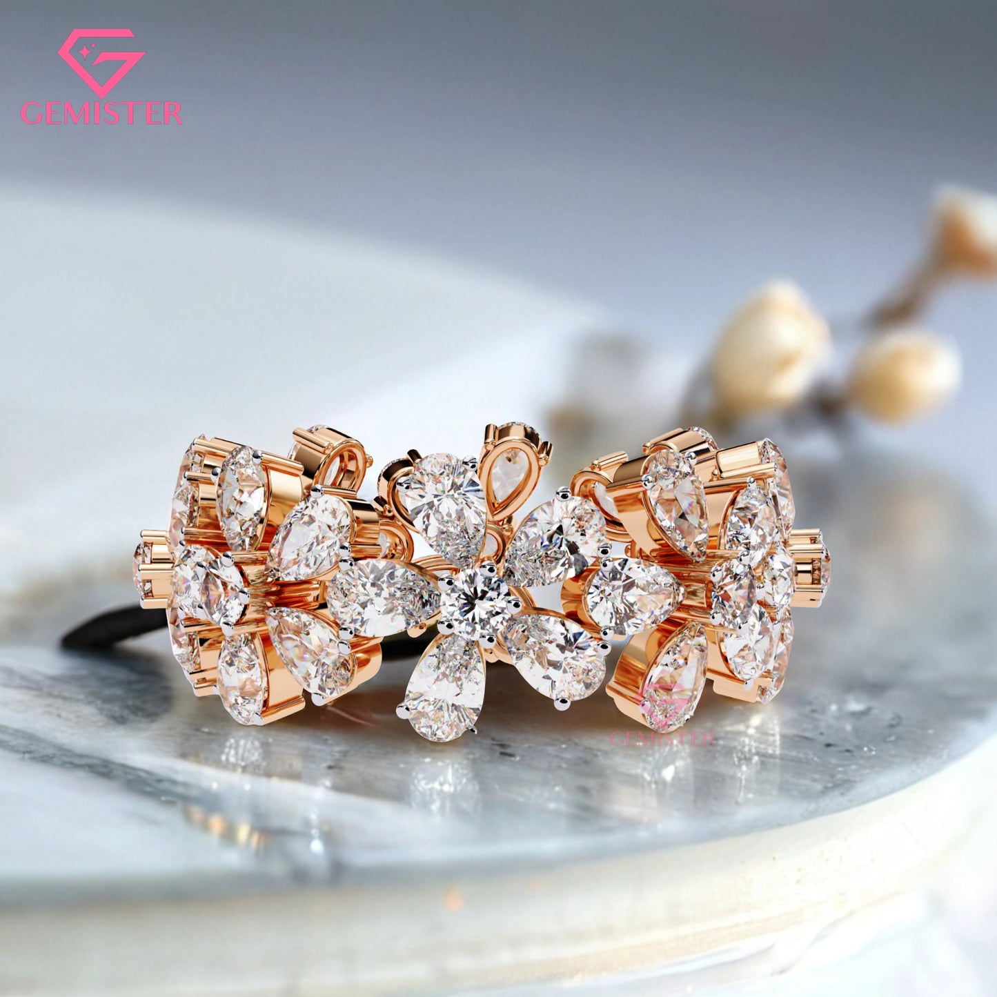 Floral Cluster Diamond Band – 4.17 CT Pear & Round Cut Moissanite Gold Ring, Wide Statement Cocktail Ring, Anniversary or Bridal Jewelry