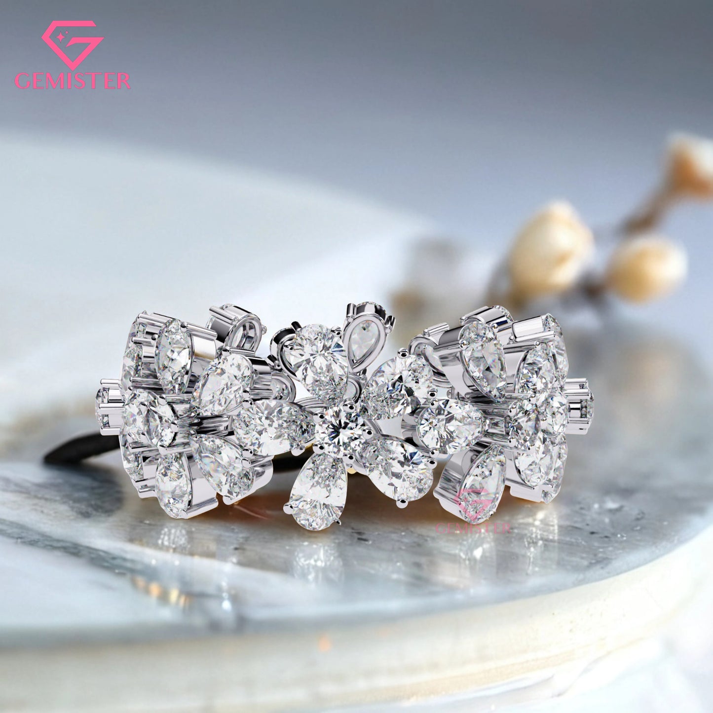 Floral Cluster Diamond Band – 4.17 CT Pear & Round Cut Moissanite Gold Ring, Wide Statement Cocktail Ring, Anniversary or Bridal Jewelry