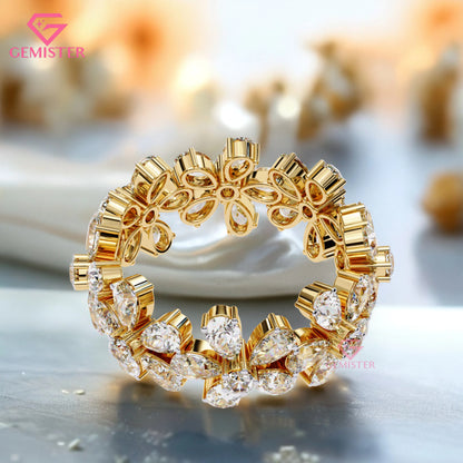 Floral Cluster Diamond Band – 4.17 CT Pear & Round Cut Moissanite Gold Ring, Wide Statement Cocktail Ring, Anniversary or Bridal Jewelry