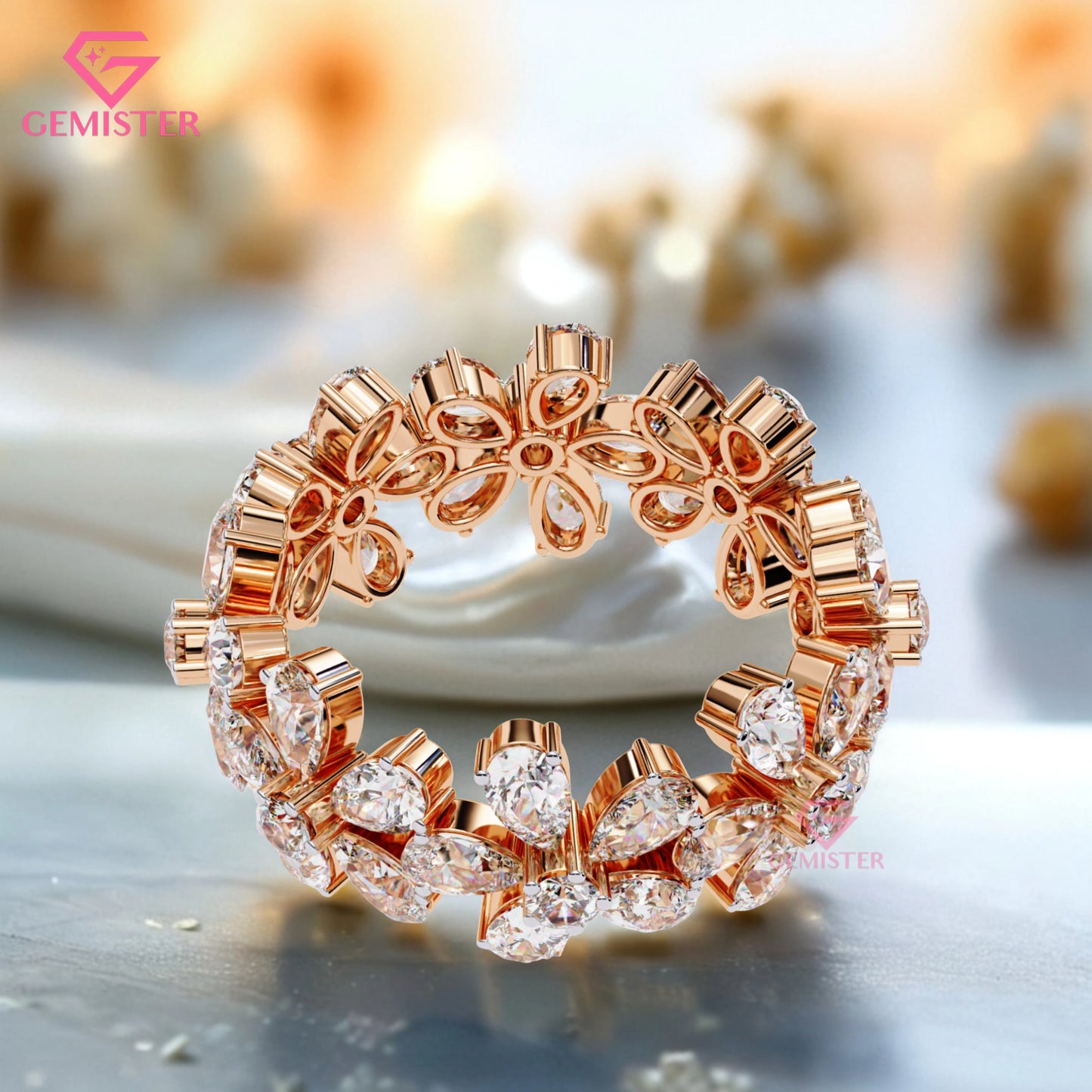 Floral Cluster Diamond Band – 4.17 CT Pear & Round Cut Moissanite Gold Ring, Wide Statement Cocktail Ring, Anniversary or Bridal Jewelry