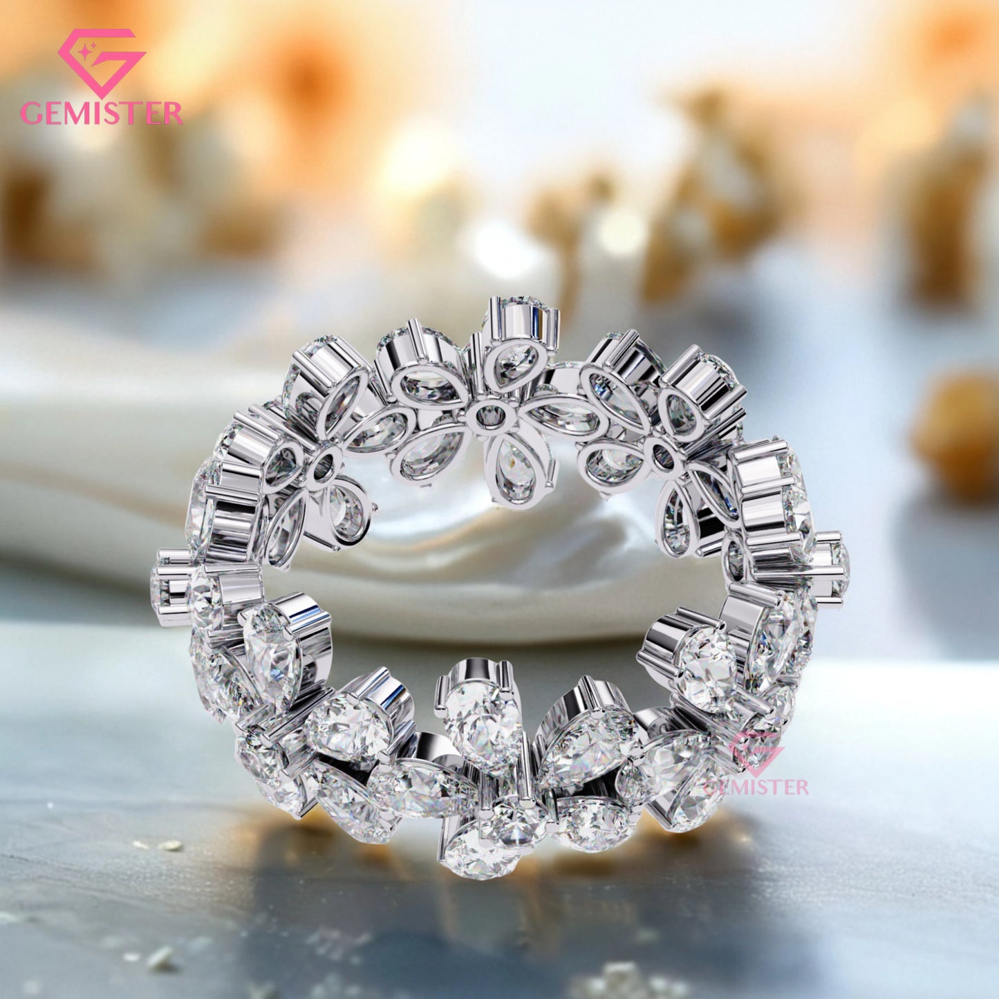 Floral Cluster Diamond Band – 4.17 CT Pear & Round Cut Moissanite Gold Ring, Wide Statement Cocktail Ring, Anniversary or Bridal Jewelry