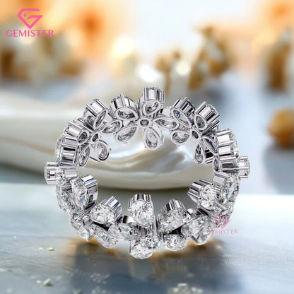 Floral Cluster Diamond Band – 4.17 CT Pear & Round Cut Moissanite Gold Ring, Wide Statement Cocktail Ring, Anniversary or Bridal Jewelry