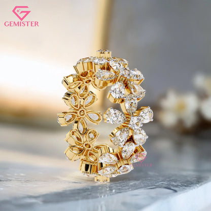 Floral Cluster Diamond Band – 4.17 CT Pear & Round Cut Moissanite Gold Ring, Wide Statement Cocktail Ring, Anniversary or Bridal Jewelry