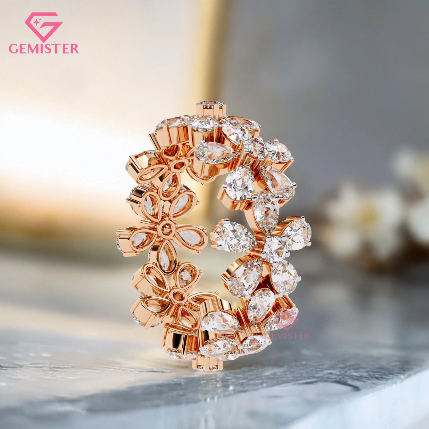 Floral Cluster Diamond Band – 4.17 CT Pear & Round Cut Moissanite Gold Ring, Wide Statement Cocktail Ring, Anniversary or Bridal Jewelry