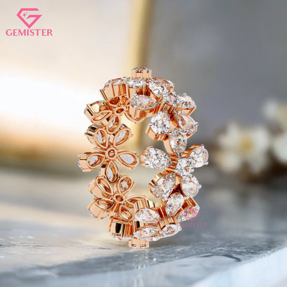 Floral Cluster Diamond Band – 4.17 CT Pear & Round Cut Moissanite Gold Ring, Wide Statement Cocktail Ring, Anniversary or Bridal Jewelry